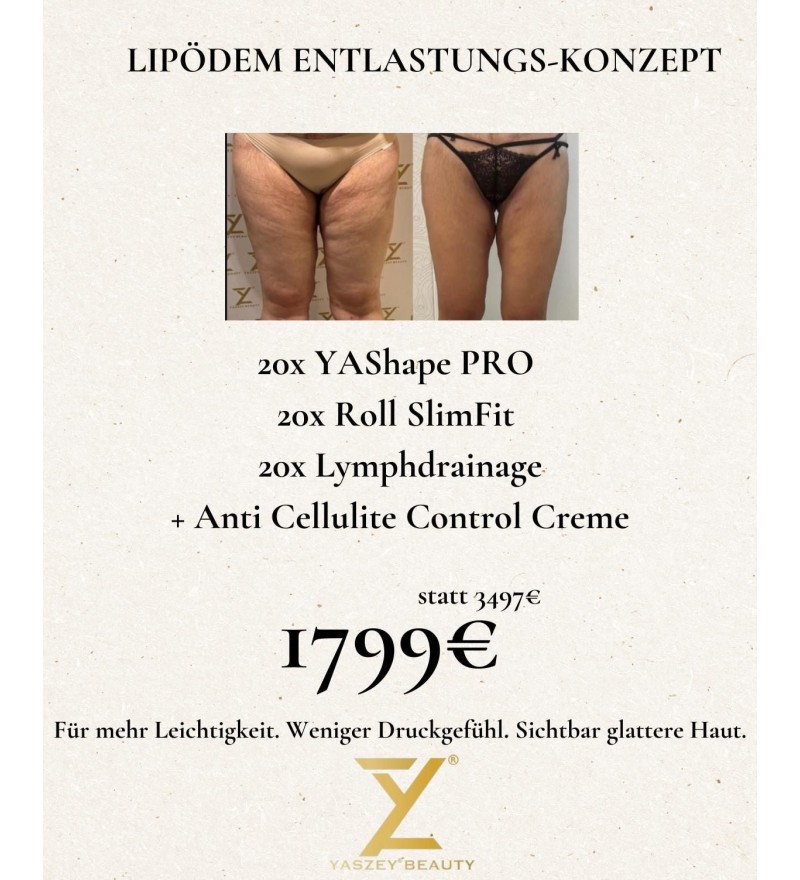 Pakket 6 - Lipoedeem Ontlastingsconcept - (20x) YAShape Pro, Roll SlimFit, Lymfedrainage + Anti Cellulite Control Crème